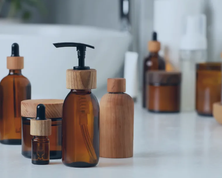 Skincare and hygiene products in a bathroom showcasing personal care